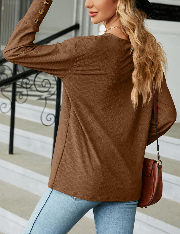 Light Coffee V Neck Buttons Cuffs Jacquard Long Sleeve Tops