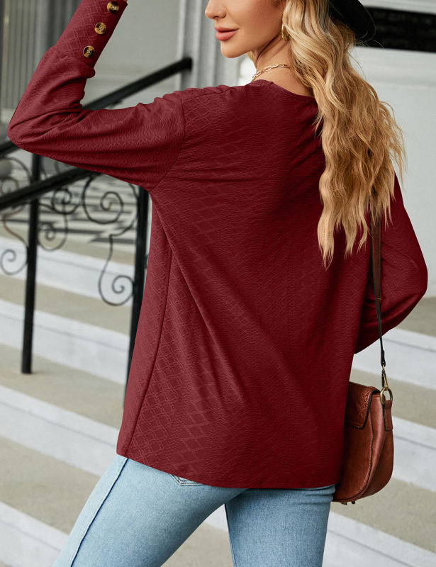 Wine Red V Neck Buttons Cuffs Jacquard Long Sleeve Tops