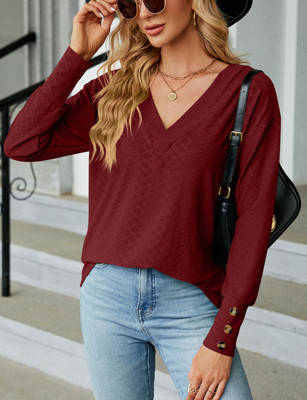 Wine Red V Neck Buttons Cuffs Jacquard Long Sleeve Tops