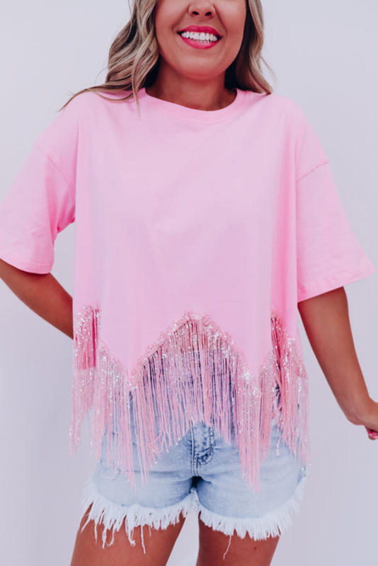 Pink Fringed Sequin Crop T-shirt