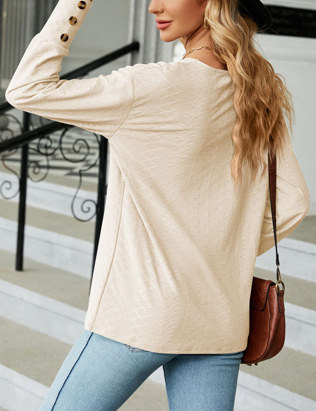 Apricot V Neck Buttons Cuffs Jacquard Long Sleeve Tops