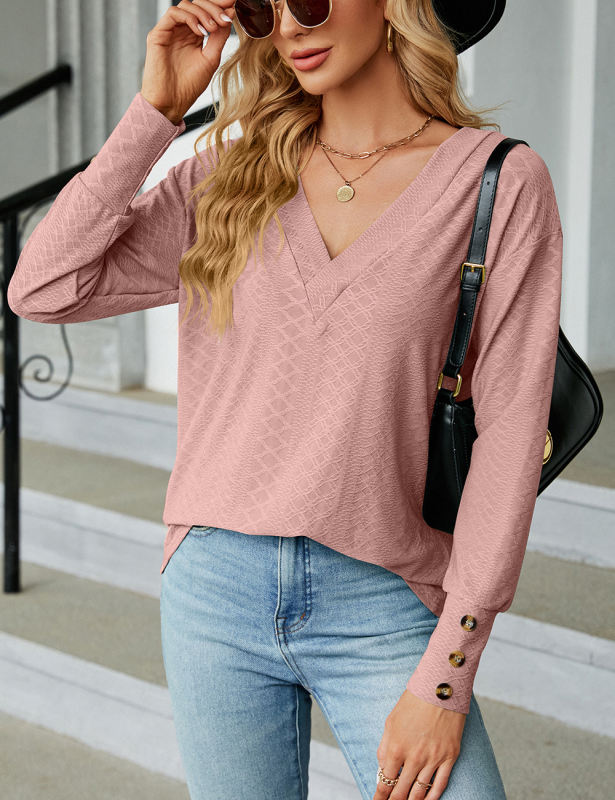 Lotus Pink V Neck Buttons Cuffs Jacquard Long Sleeve Tops