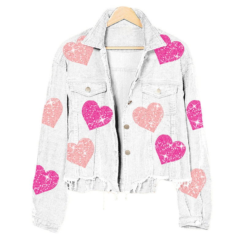 Sequin Heart Print Button Corduroy Jacket in White