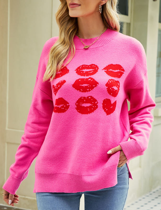 Rose Lips Print Long Sleeve Knit Sweater