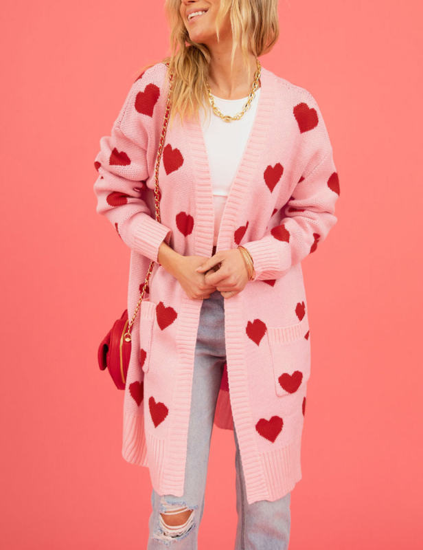 Pink Heart Print Pocket Open Front Knit Cardigan