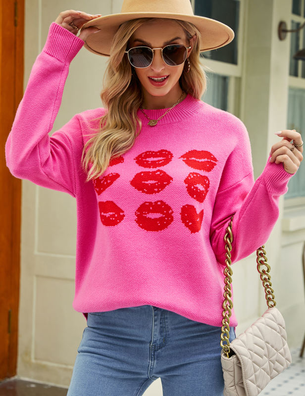 Rose Lips Print Long Sleeve Knit Sweater