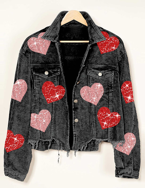 Sequin Heart Print Button Corduroy Jacket in Black