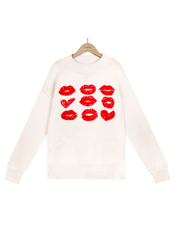 Apricot Lips Print Long Sleeve Knit Sweater