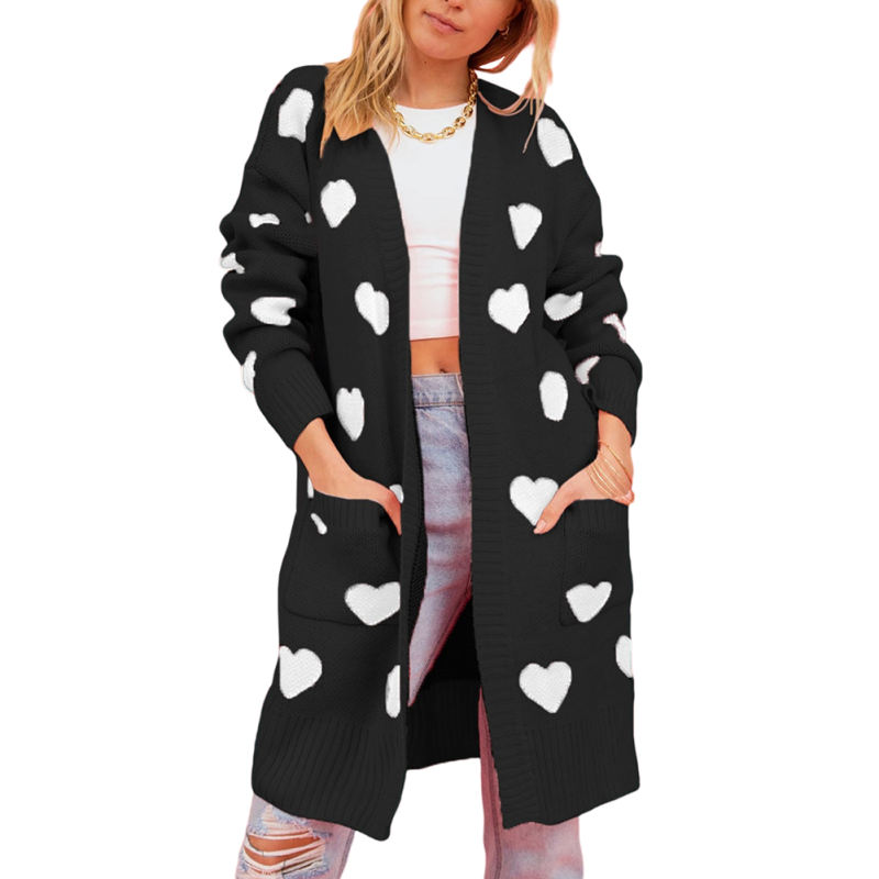 Black Heart Print Pocket Open Front Knit Cardigan