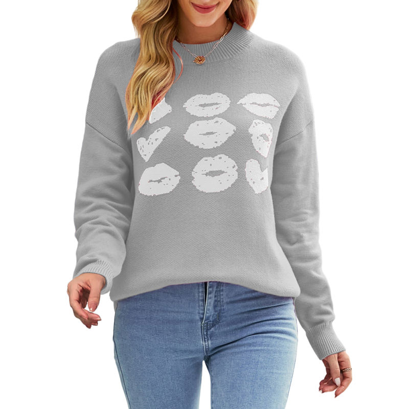 Gray Lips Print Long Sleeve Knit Sweater