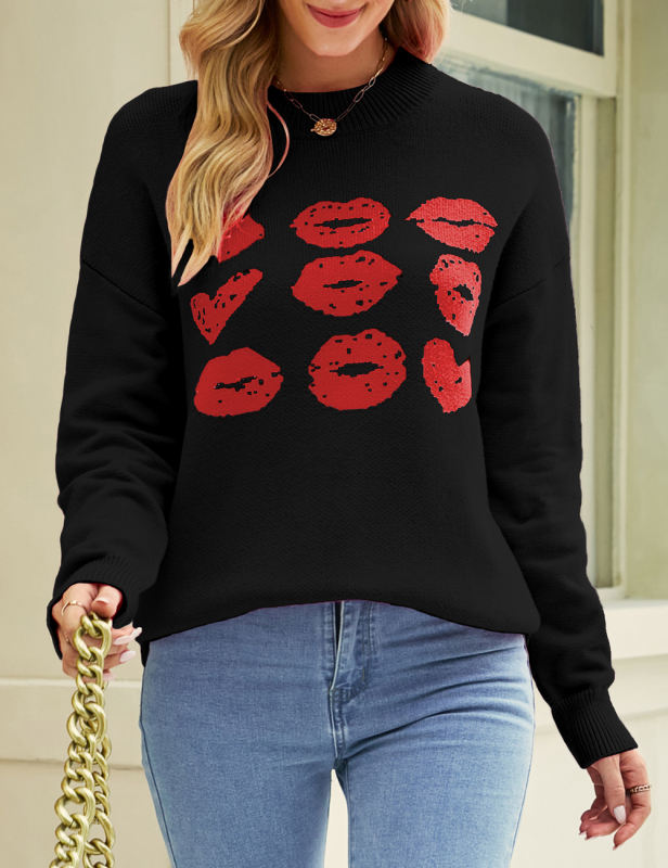 Black Lips Print Long Sleeve Knit Sweater