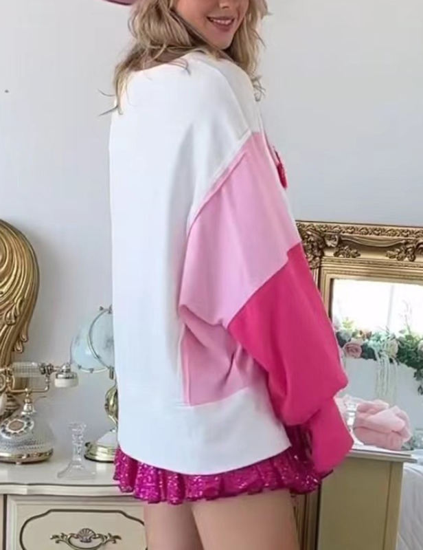 Pink Embroidery Love Print Colorblock Sleeves Sweatshirt