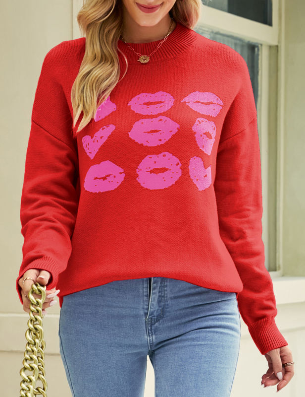 Red Lips Print Long Sleeve Knit Sweater