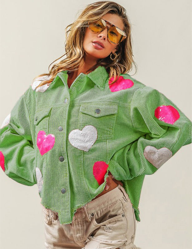 Sequin Heart Print Button Corduroy Jacket in Green