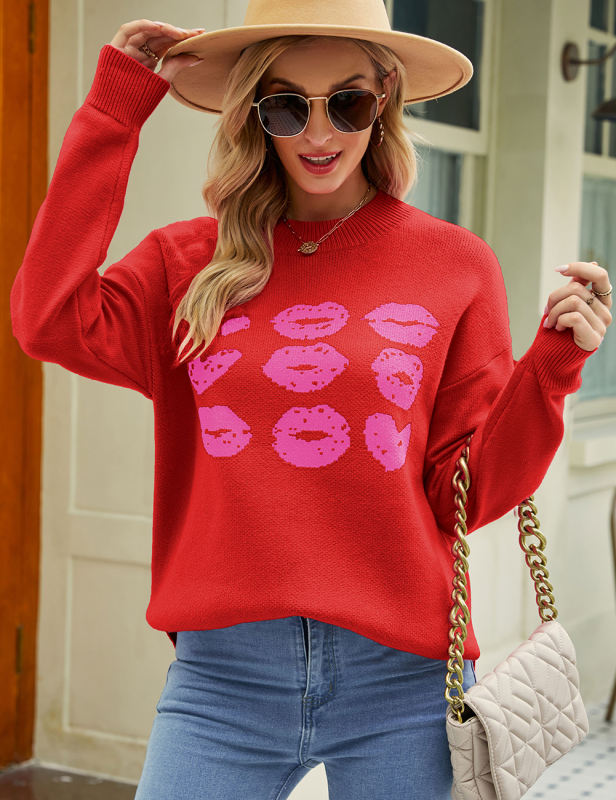 Red Lips Print Long Sleeve Knit Sweater