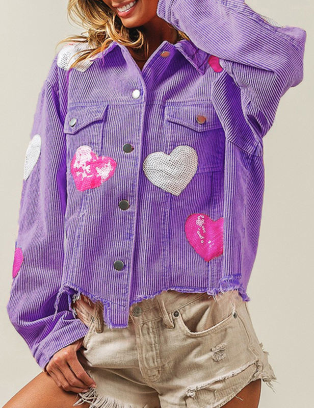 Sequin Heart Print Button Corduroy Jacket in Purple