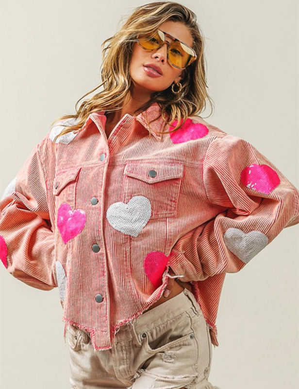 Sequin Heart Print Button Corduroy Jacket in Pink