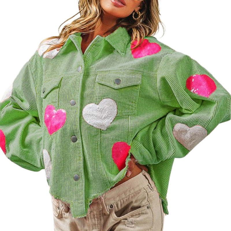 Sequin Heart Print Button Corduroy Jacket in Green