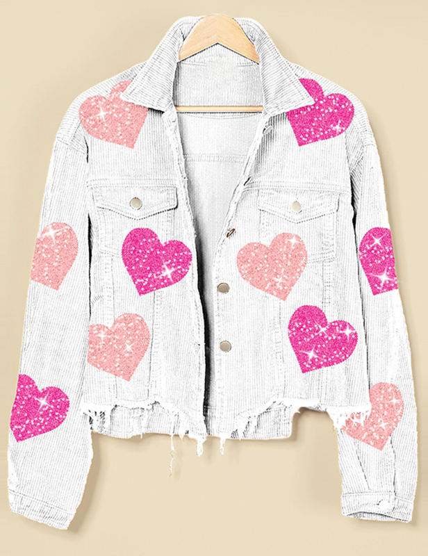 Sequin Heart Print Button Corduroy Jacket in White