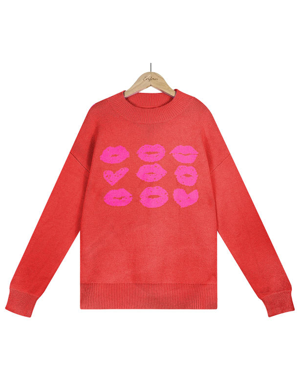 Red Lips Print Long Sleeve Knit Sweater