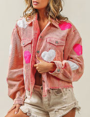 Sequin Heart Print Button Corduroy Jacket in Pink