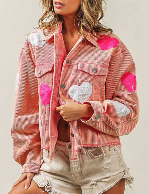 Sequin Heart Print Button Corduroy Jacket in Pink