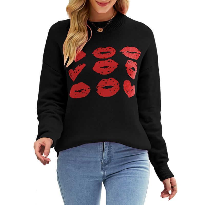 Black Lips Print Long Sleeve Knit Sweater