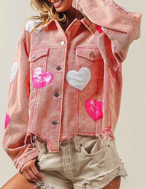 Sequin Heart Print Button Corduroy Jacket in Pink