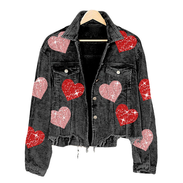 Sequin Heart Print Button Corduroy Jacket in Black