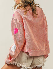 Sequin Heart Print Button Corduroy Jacket in Pink
