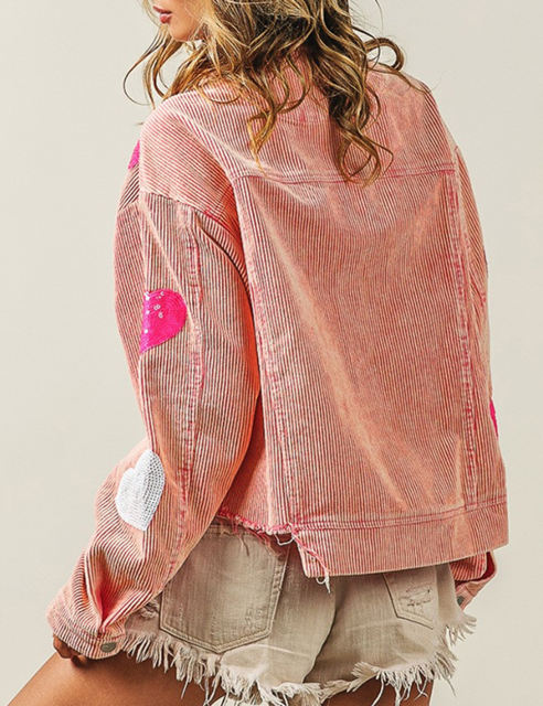 Sequin Heart Print Button Corduroy Jacket in Pink