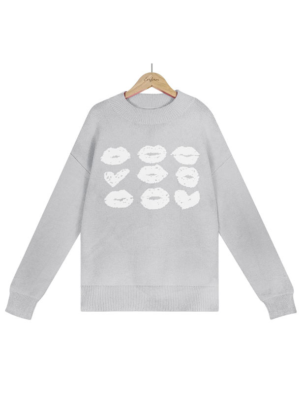 Gray Lips Print Long Sleeve Knit Sweater