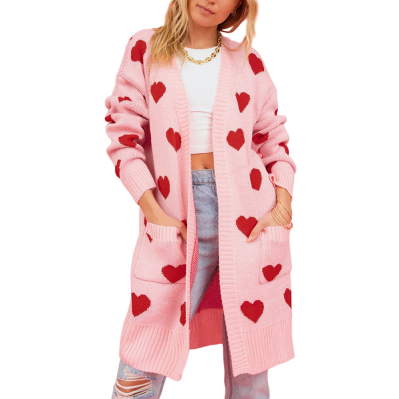Pink Heart Print Pocket Open Front Knit Cardigan