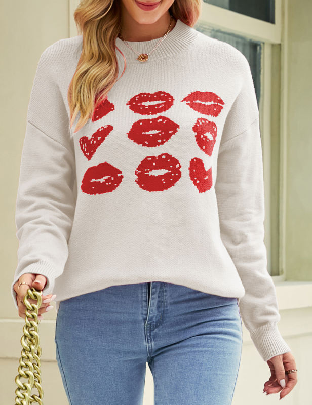 Apricot Lips Print Long Sleeve Knit Sweater