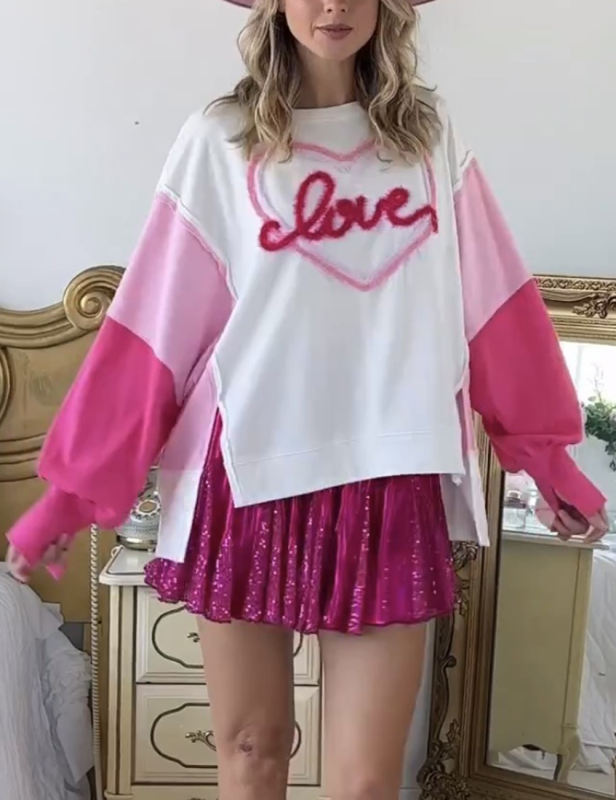 Pink Embroidery Love Print Colorblock Sleeves Sweatshirt