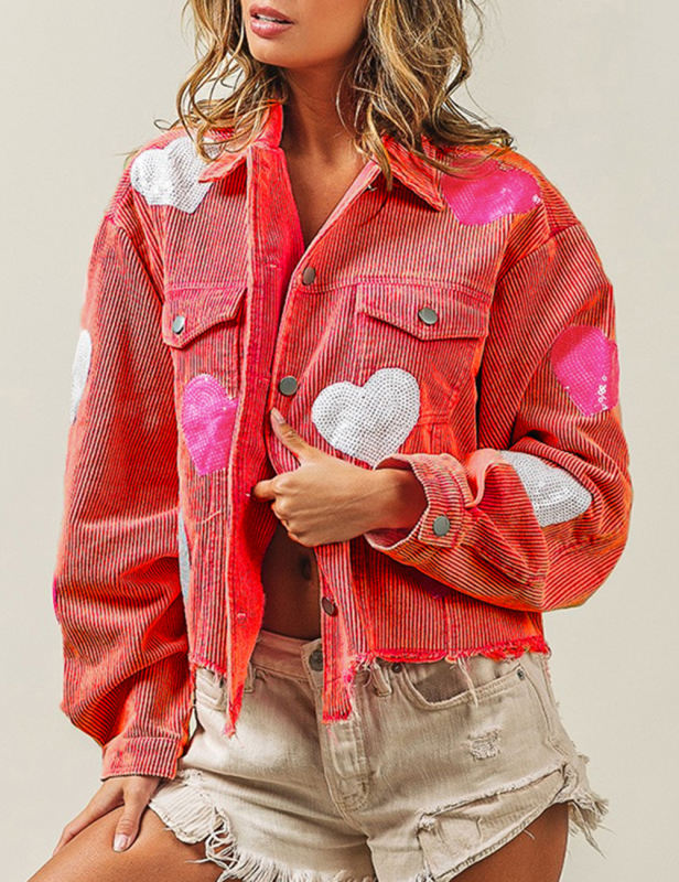 Sequin Heart Print Button Corduroy Jacket in Red