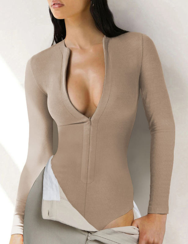 Khaki Ribbed Front Zip Long Sleeve Bodysuit