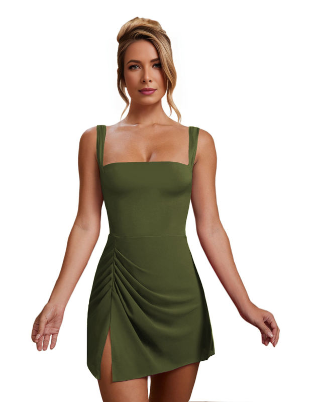 Army Green Sleeveless Side Split Pleated Mini Dress