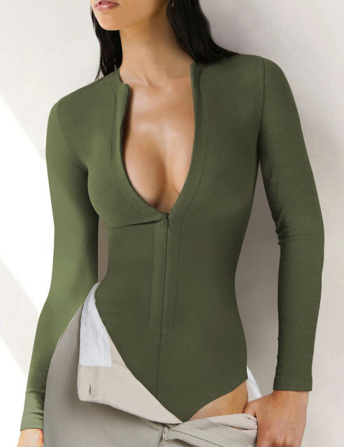 Army Green Ribbed Front Zip Long Sleeve Bodysuit