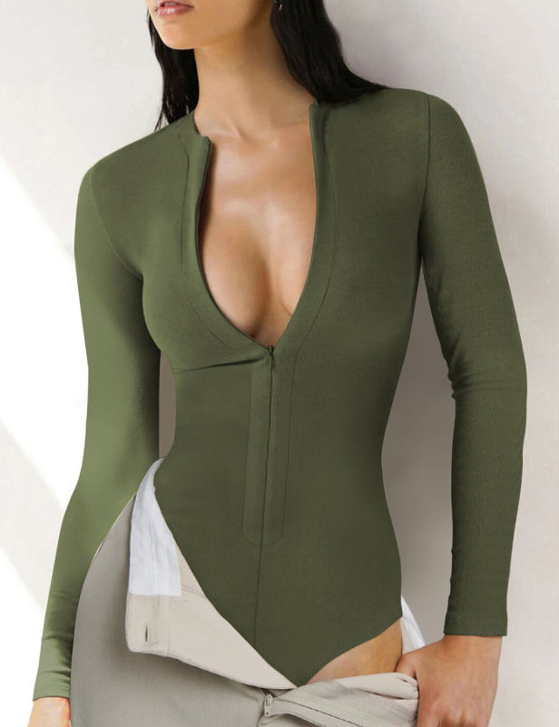Army Green Ribbed Front Zip Long Sleeve Bodysuit