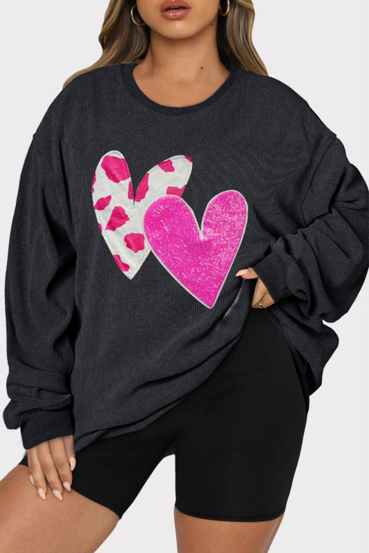 Black Double Heart Graphic Plus Size Corded Sweatshirt