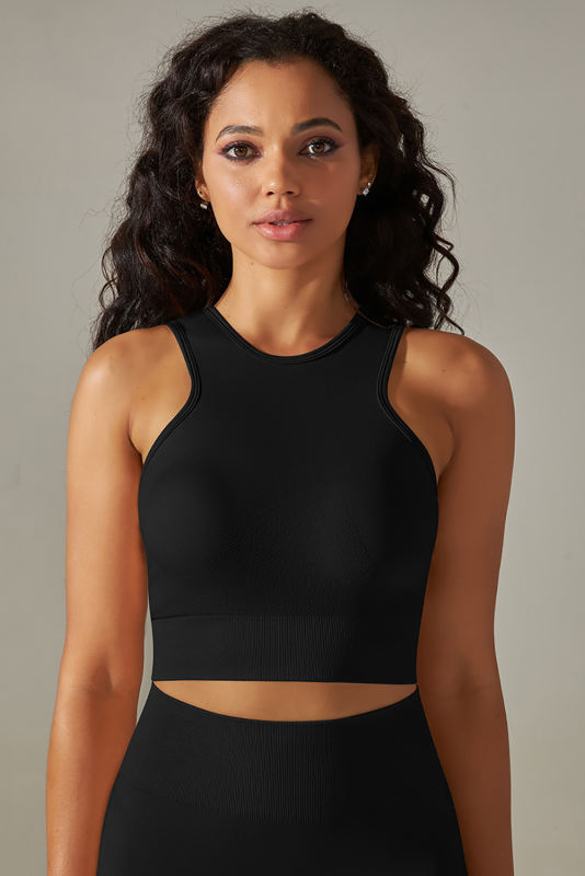 Black Solid Color Crew Neck Cropped Sports Tank Top