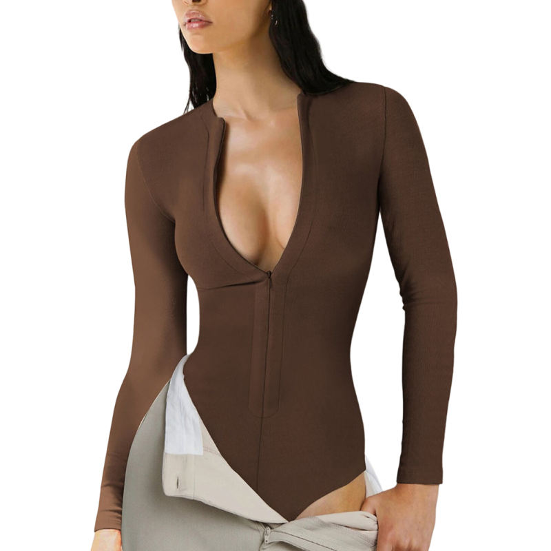 Coffee Ribbed Front Zip Long Sleeve Bodysuit