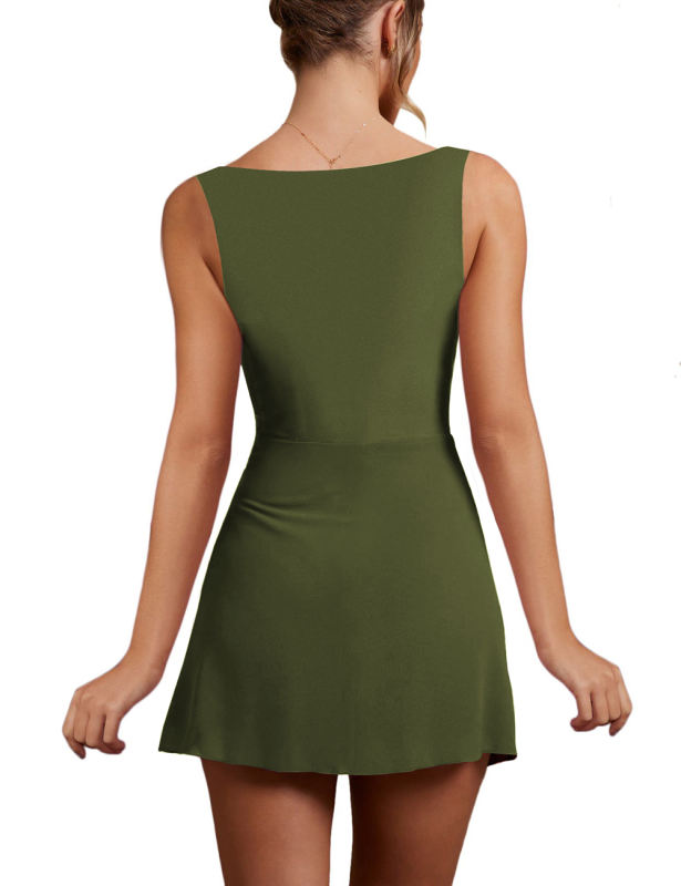 Army Green Sleeveless Side Split Pleated Mini Dress
