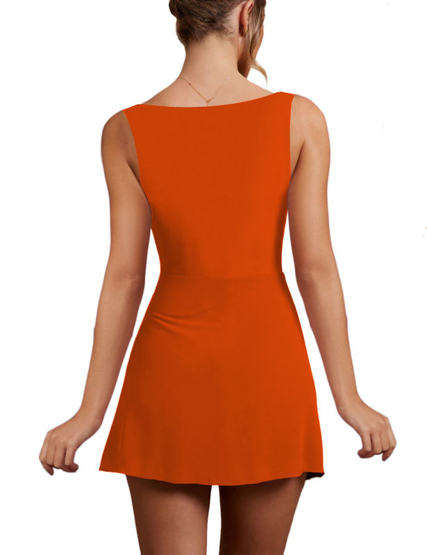 Orange Sleeveless Side Split Pleated Mini Dress