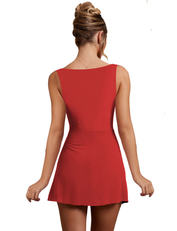 Red Sleeveless Side Split Pleated Mini Dress