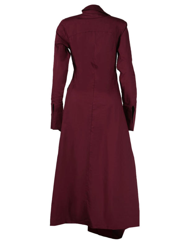 Wine Red Button V Neck High Split Ruched Shirt Dress