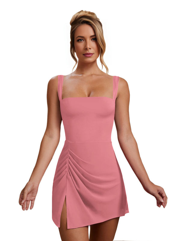 Pink Sleeveless Side Split Pleated Mini Dress