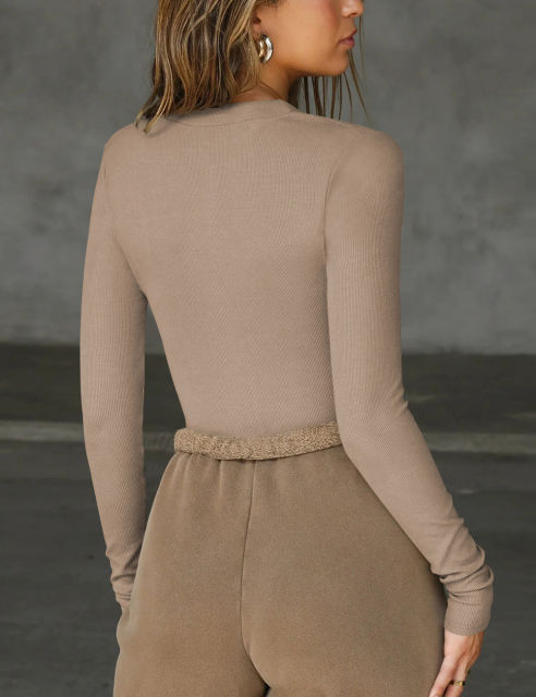 Khaki Ribbed Front Zip Long Sleeve Bodysuit