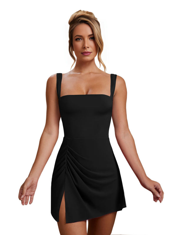 Black Sleeveless Side Split Pleated Mini Dress
